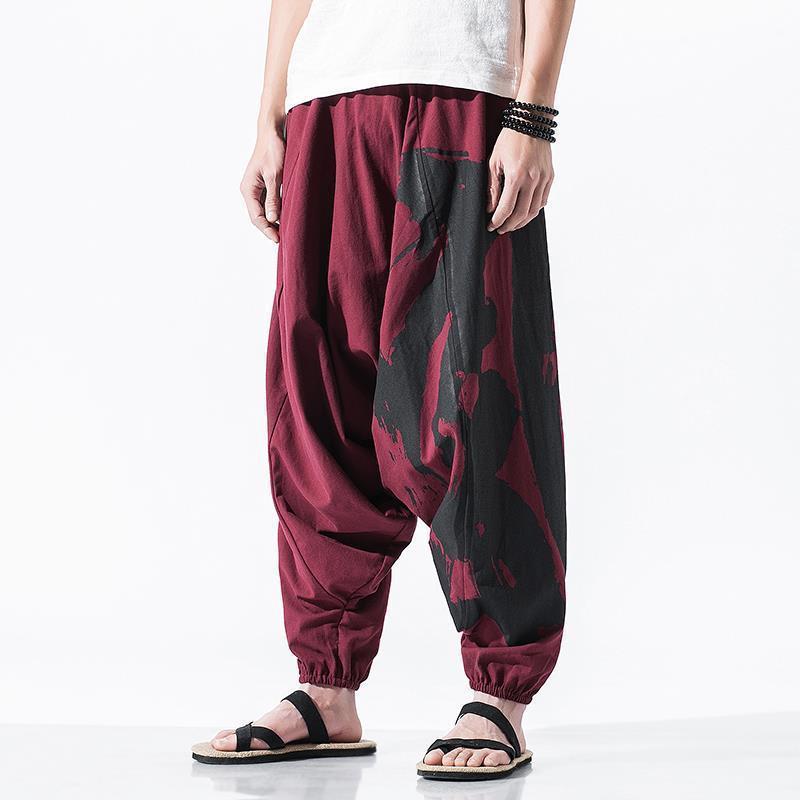 Men's Buddha-Style Loose-Fit Cotton & Linen Pants - Low Crotch, Nine-Point Baggy Japanese Design, Plus Size Available