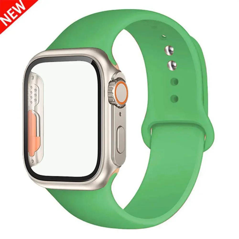 Silicone Strap+Case For Apple Watch Band 44mm 45mm 41mm 40mm Tempered Glass Cover Change to Ultra iWatch Series 9 8 7 SE 6 5 3