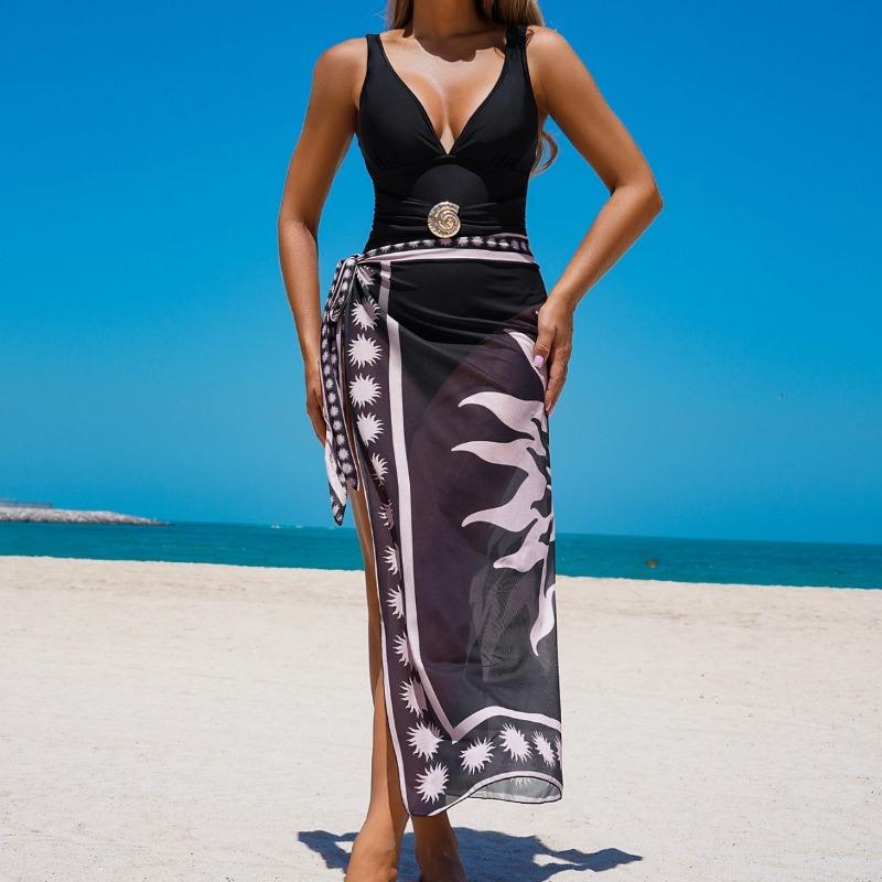 Women Floral Print Two Piece Bikini Swimsuit With Wrap Skirt S