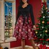 Women's Fashion Round Casual Slim Fit Christmas Print Large Swing Long Sleeve Dress