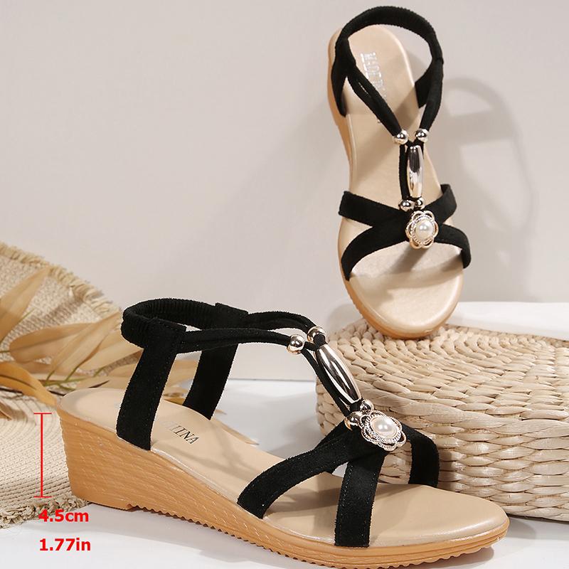 

Мода Женская Мода Металлический Декор Клиновидные Сандалии Лето Богемный Стиль Нескользящие Пляжные Туфли Женщина Эластичная Лента Слипоны Римские Сандалии 42 чёрный