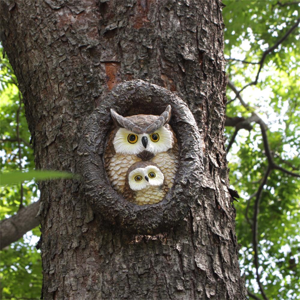 Owl Figurines Simulated Tree Hanging Resin Feeding Bird Statue Outdoor Garden Animal Ornaments