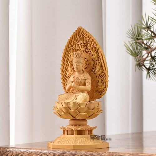 Hanro Art Carving: Dainichi Nyorai Buddha Statue, Shingon Buddhistischer Altar, Holzschnitzerei, Buchsbaum, Fliegende Himmlische Wesen Heiligenschein, Lotussockel, Schutzgottheit