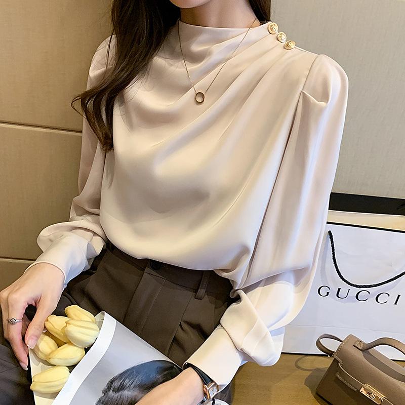 

Women s Stand Collar Lantern Sleeve Pleated Top - Fashionable, Loose Fit 2XL