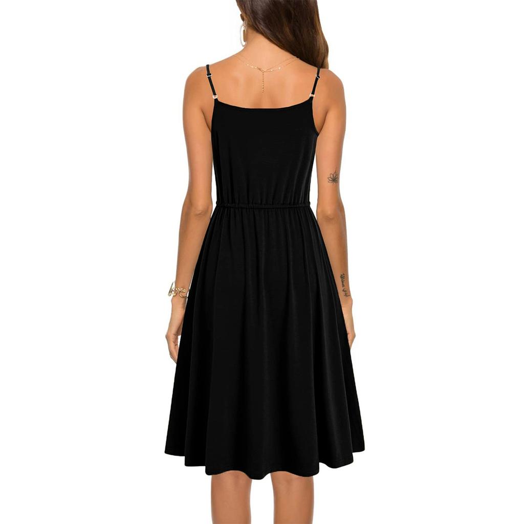 Ladies Casual Summer Cotton Sleeveless Spaghetti Strap Adjustable Waist Sundress