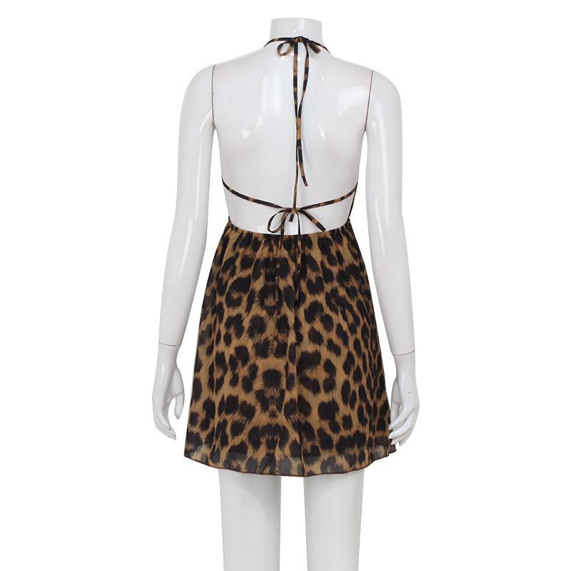 Personality Street Style Summer Fashion Trend Leopard Print Lace-up Halter Sexy Halter Dress