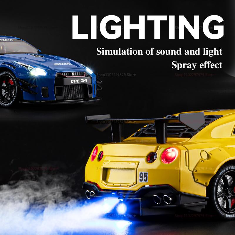 New GTR Skyline Ares Sports Car 1:24 Alloy Diecast Model Spray Car Sound & Light Kid Desktop Competition Toys Collectibles Gifts