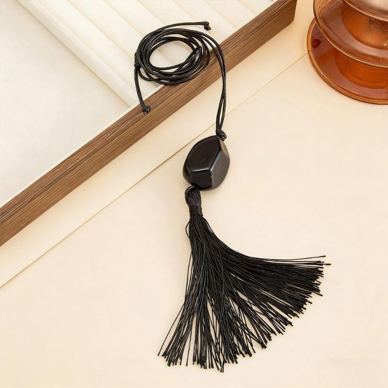 Stylish Retro Long Beaded Necklace Featuring Black Resin Pendant And Delicate Fringe Designs For Daily Wear