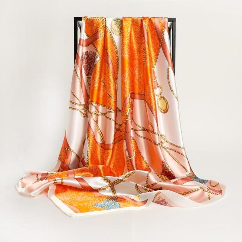 1Pc Women Silk Scarf Square  Design Brand Headband Female Satin Hijab Shawl Wrap Kerchief Chain Print