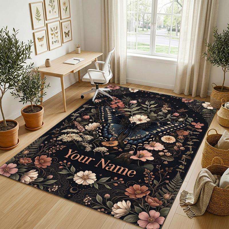Floral Brain Cosmic Theme Soft Crystal Velvet Rug Custom Name & Text Print Non Slip Floor Rug for Bedroom Living Room