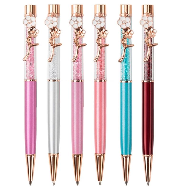 6Pcs Crystal Ballpoint Pen with Flower Pen Clip Twist Action Ballpoint Pen for Women Student Teacher 1