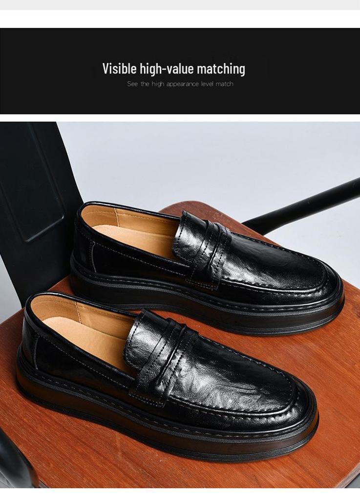 2450 Men's Slip-On Leather Loafers, Thick Sole, Casual, Low-Top, Large Size, Handmade Cowhide, Spring Shoes