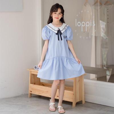 Vestido de Princesa Bordado con Cuello de Muñeca de Algodón para Niñas - Verano 2025, Manga Corta, Estilo Universitario para Niños Medianos y Mayores
