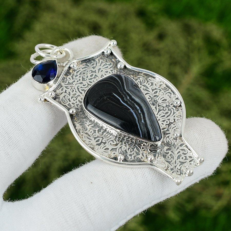 

Sterling Silver Sardonyx Stone Tanzanite Quartz Bezel Trendy Ethnic Boho Pendant