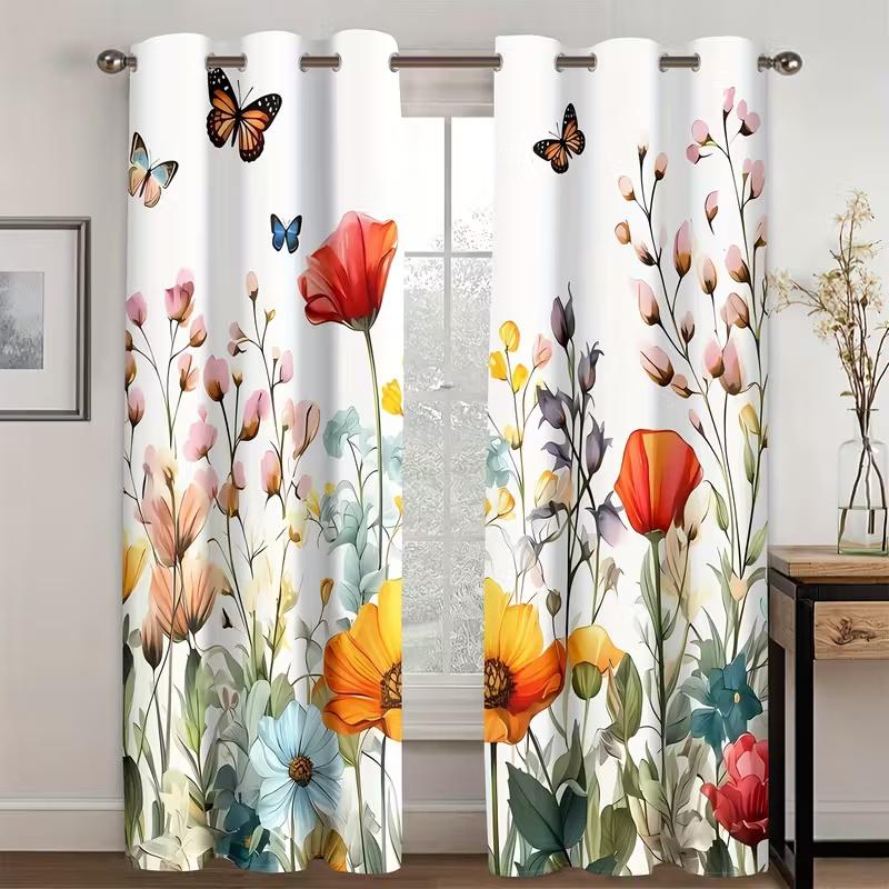 2 Pcs Flower butterfly print curtains,suitable for bedroom,living room kitchen decoration,home decoration,window decoration