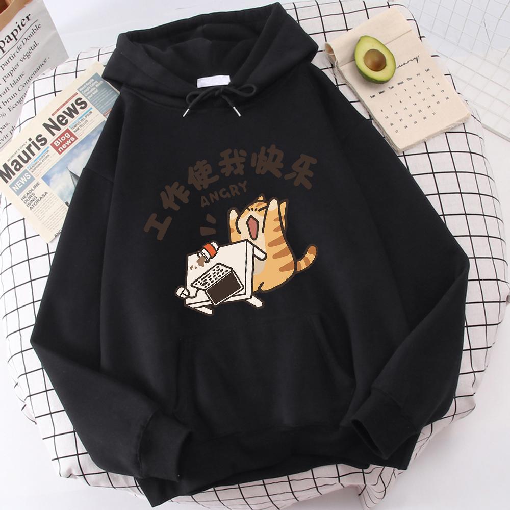 Men's Fashionable and Versatile Fleece Sweatshirt, Thin and Warm, Three-dimensional Pocket, Cute Cat Print Pattern