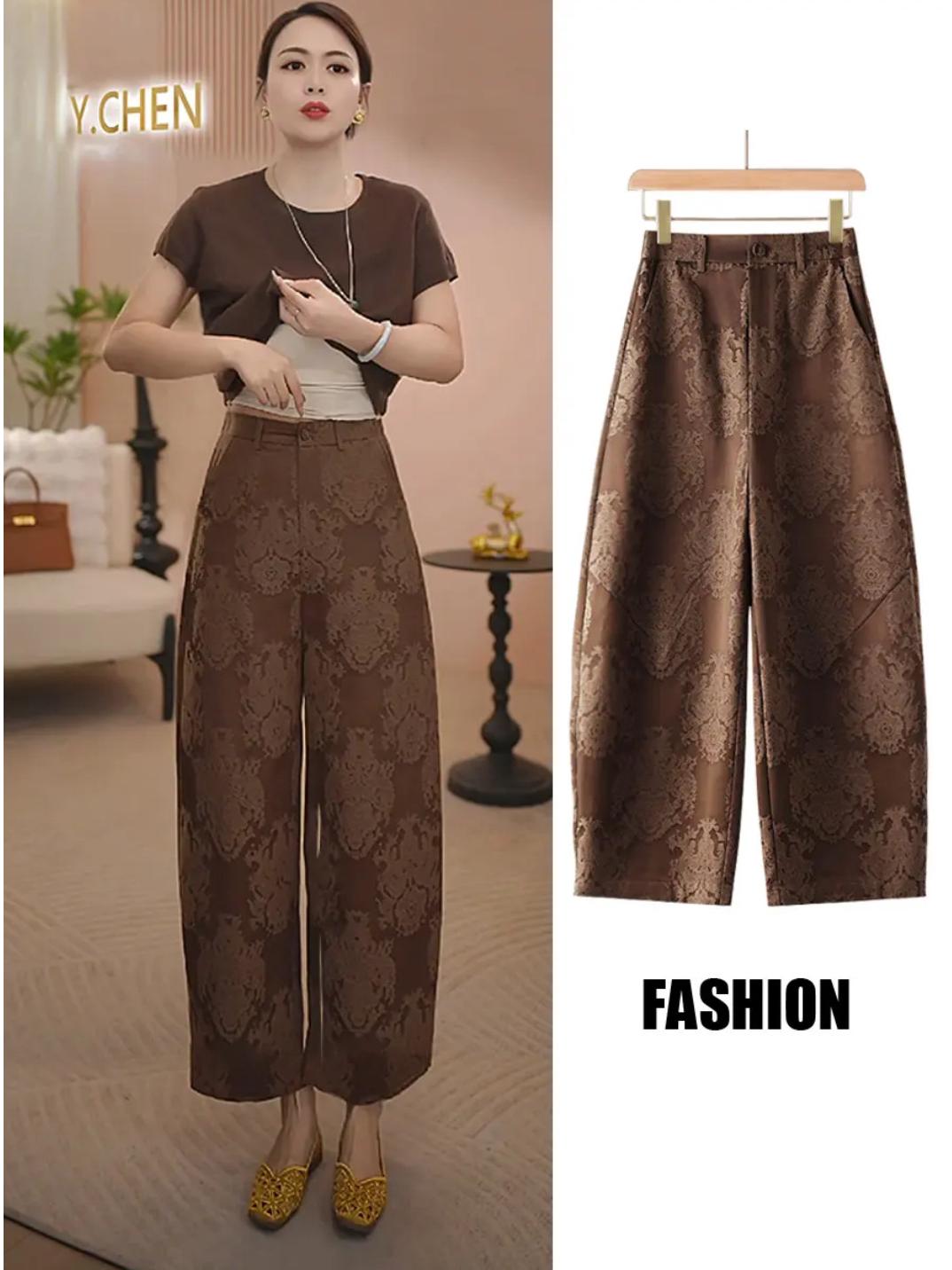 

High Waist Jacquard Curved Leg Pants - Loose, Slimming, Elastic, Casual Fashion for Spring & Summer 28 зелений