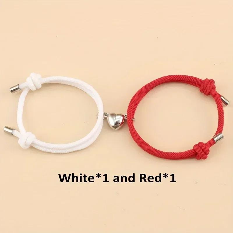 2pcs/set Magnetic Heart Charm Braided Rope Adjustable Bracelets For Couples, Holiday Birthday Gift For Boyfriends / Girlfriends