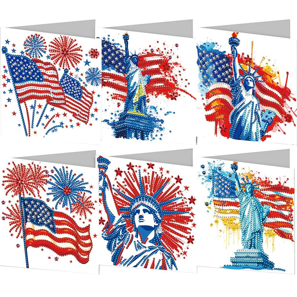 6pcs DIY Independence Day USA Flag Rhinestone Diamond Art Mosaic Postcards Diamond Art Greeting Cards for Independence Day
