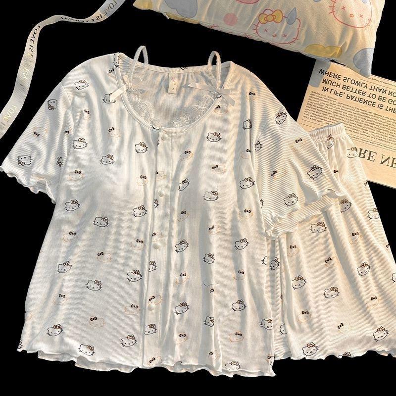 

Sweet and cute HelloKitty cat pajamas women s new short-sleeved shorts summer Korean version loungewear suit outer wear s [recommended 35-40kg ]