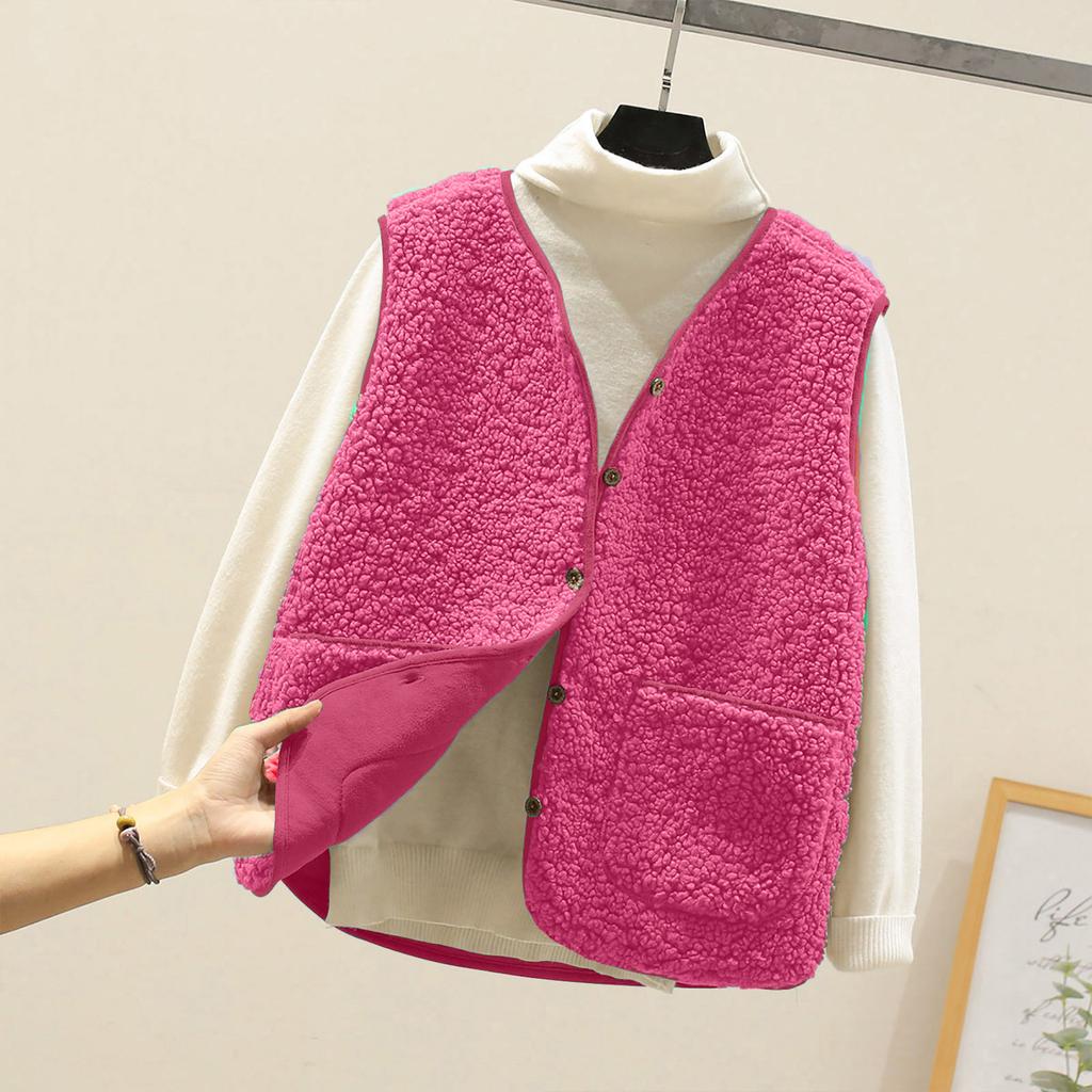 Women's V Neck Sleeveless Fleece Vest Loose Fit Casual Warm Waistcoat Jacket