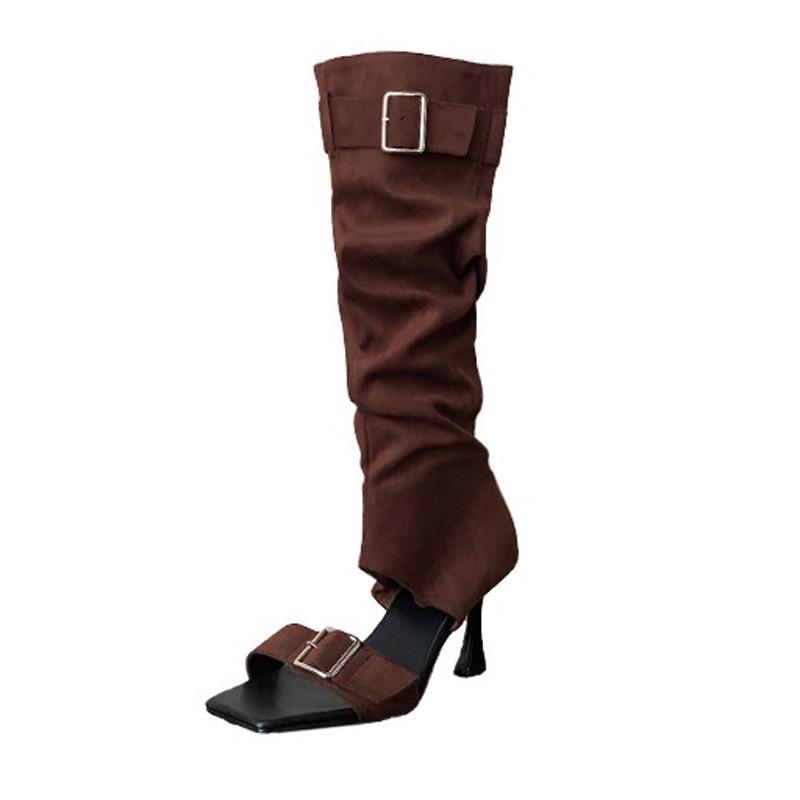 Retro pleated stacking boots new autumn and winter western cowboy boots fine heel high heel suede hollow high tube cool boots