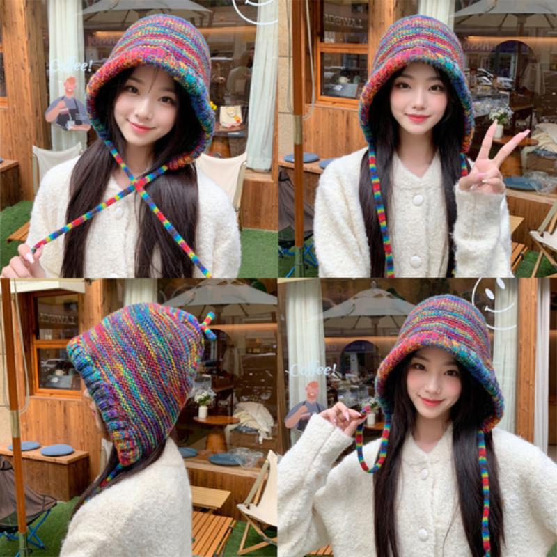 Rainbow Striped Knitting Beanie Hat Women Girl Winter Warm Crochet Ear Protection Cap