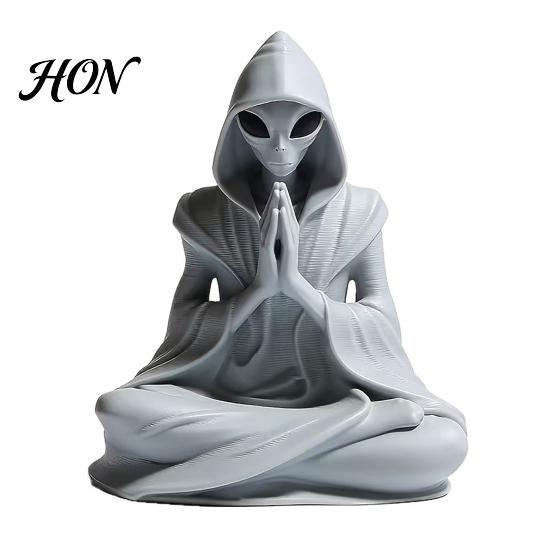 Bookcase Alien Figurine 3D Printed Meditation Statue, Zen Desk Decor Ornament, Soft Furnishing Accent Cute Extraterrestrial for Home Office,