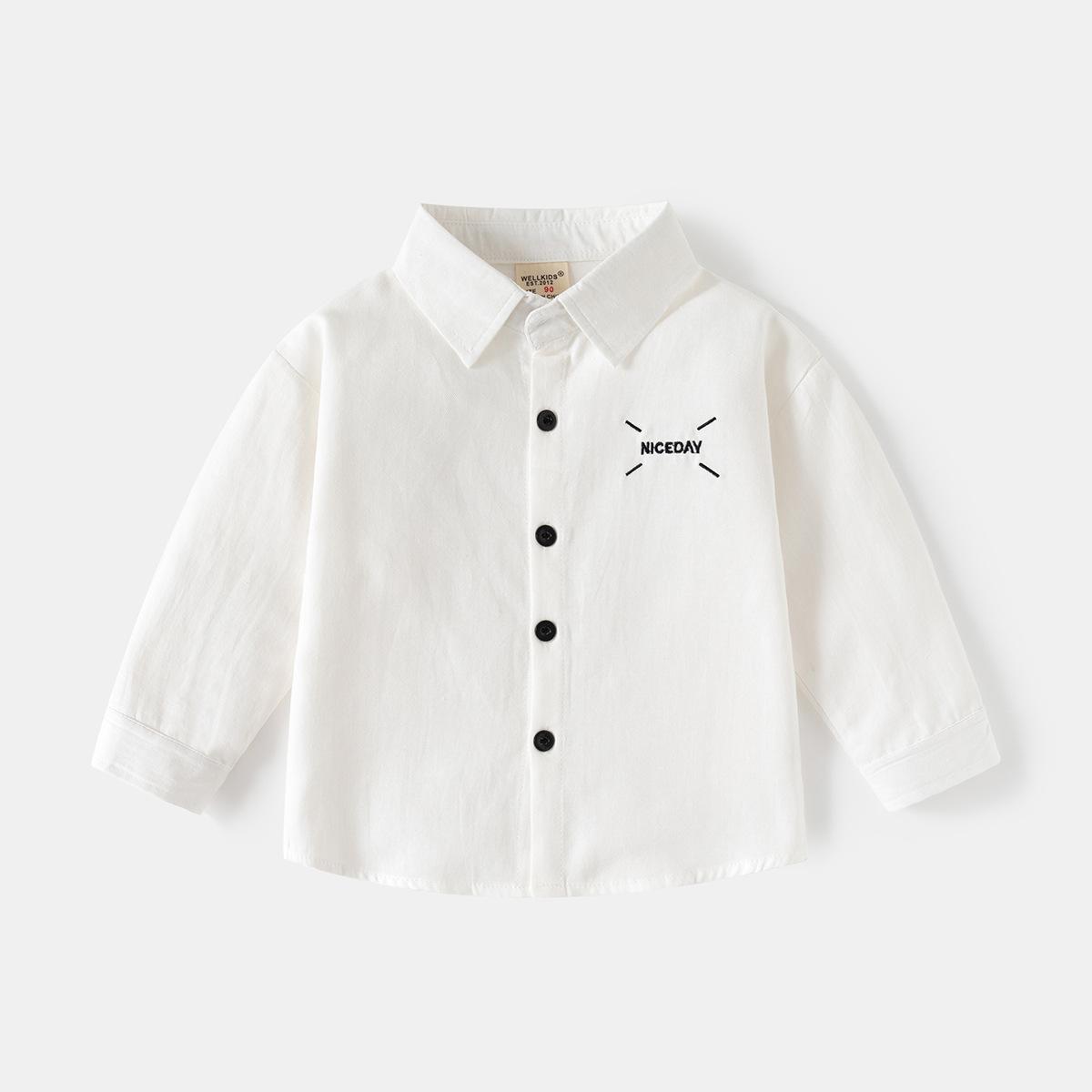 

Children s long-sleeved shirt 2025 autumn boys lapel solid color embroidered shirt baby top trendy children s clothing 130cm
