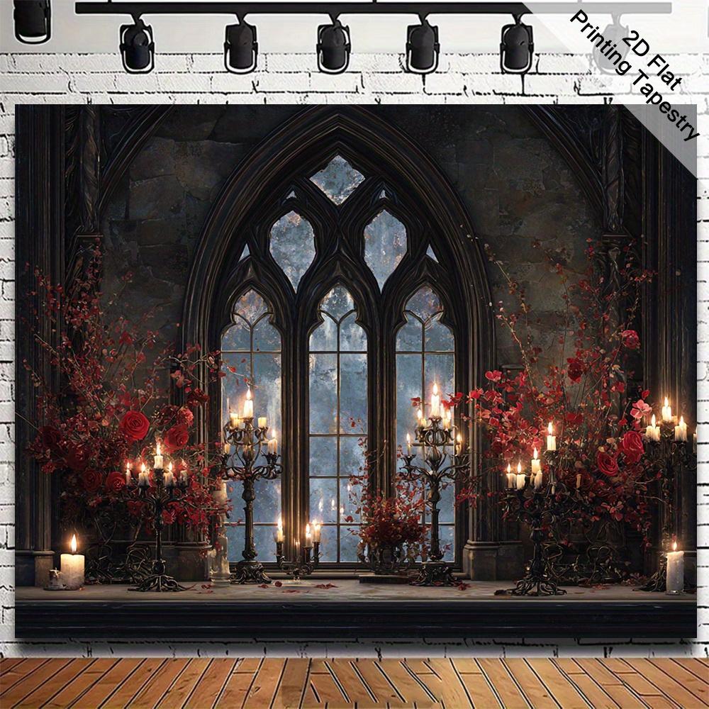 2D flaches Banner 1 gotischer Stil Kerze rote Rose Schlossfenster dunkle Atmosphäre Fotografie Hintergrund