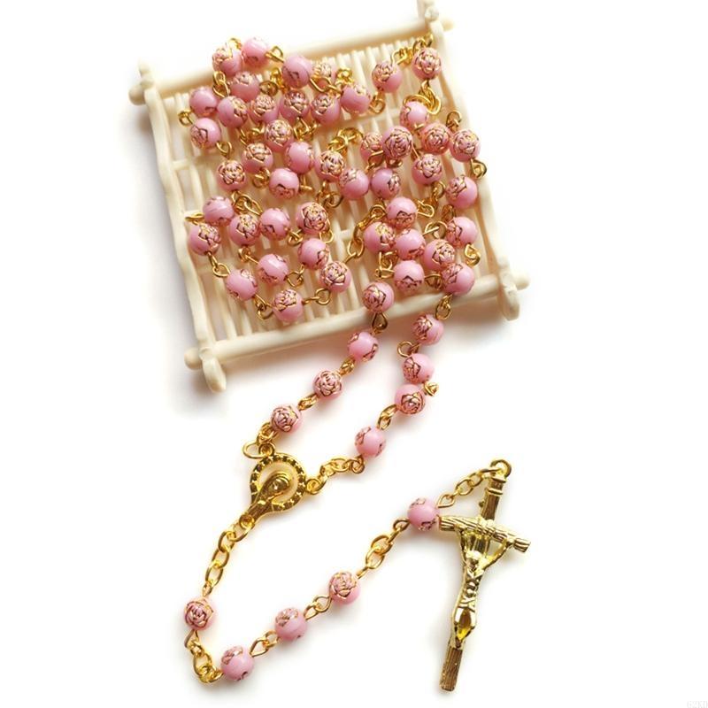 62KD 6mm Rose Beads Rosary Necklace with Jesus Crucifix for Cross Pendant Necklace Pr