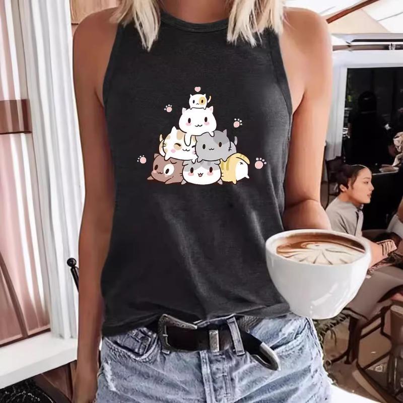 Cartoon-bedrucktes Rundhals-Damen-Tanktop Frühling und Sommer Lässiges ärmelloses Oberteil