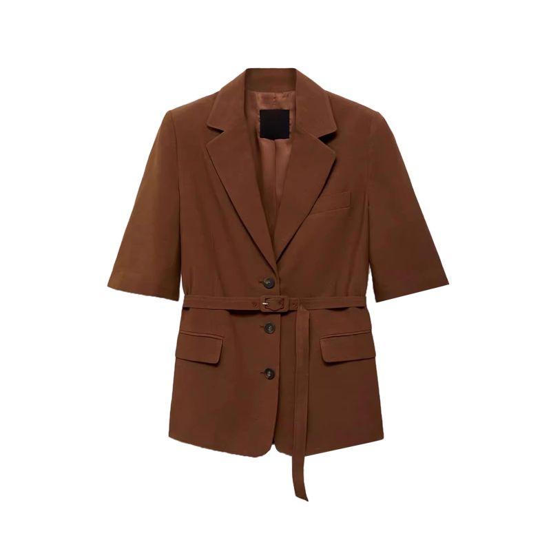 

25 Летняя одежда Новая женская одежда Модный стиль Повседневный Воротник поло Рукав до локтя Костюм на шнуровке Верхняя одежда 87057896 Dark brown XS