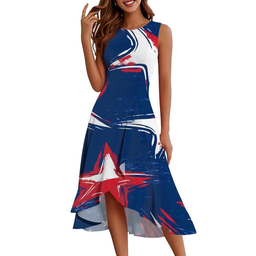 Women's Fashion Casual Zipper Sleeveless Round Neck Independence Day Elegant Temperament Ruffle Dresses Dresses