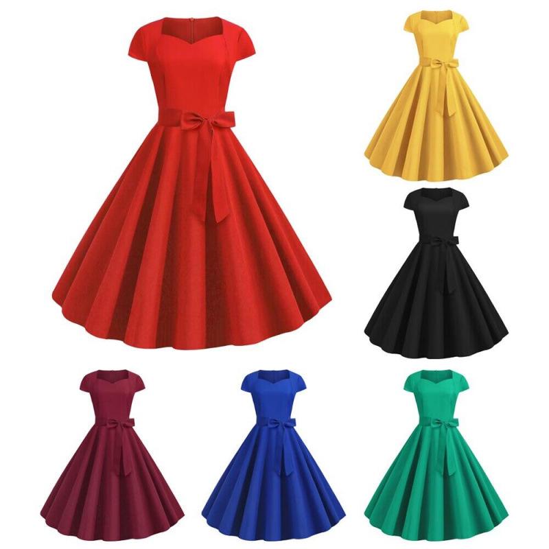 2023 Summer Retro Solid Color Short Sleeve Swing Dress