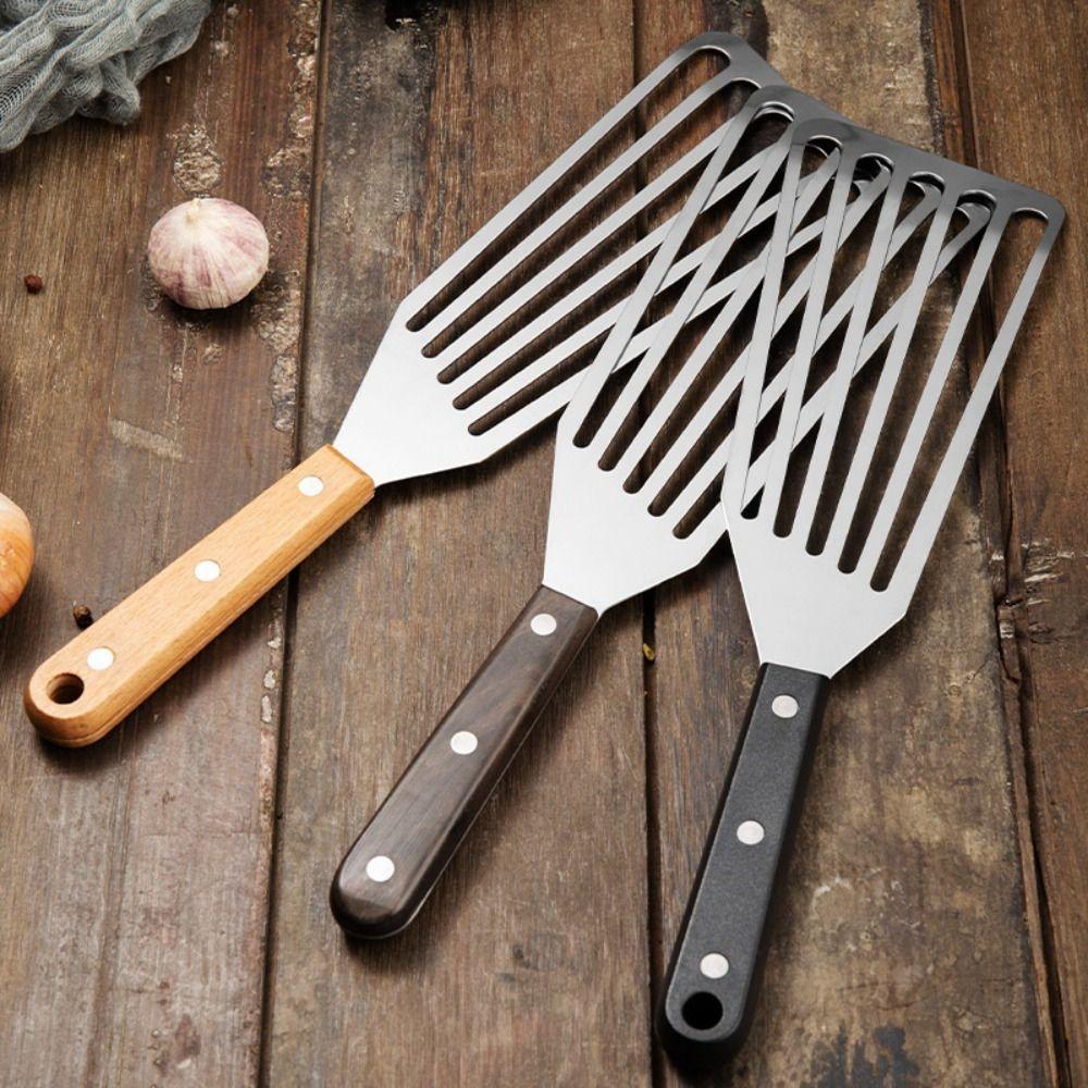 Stainless Steel Fish Frying Spatula Wooden Handle BBQ Cooking Spatula  Kitchen Cooking Utensils
