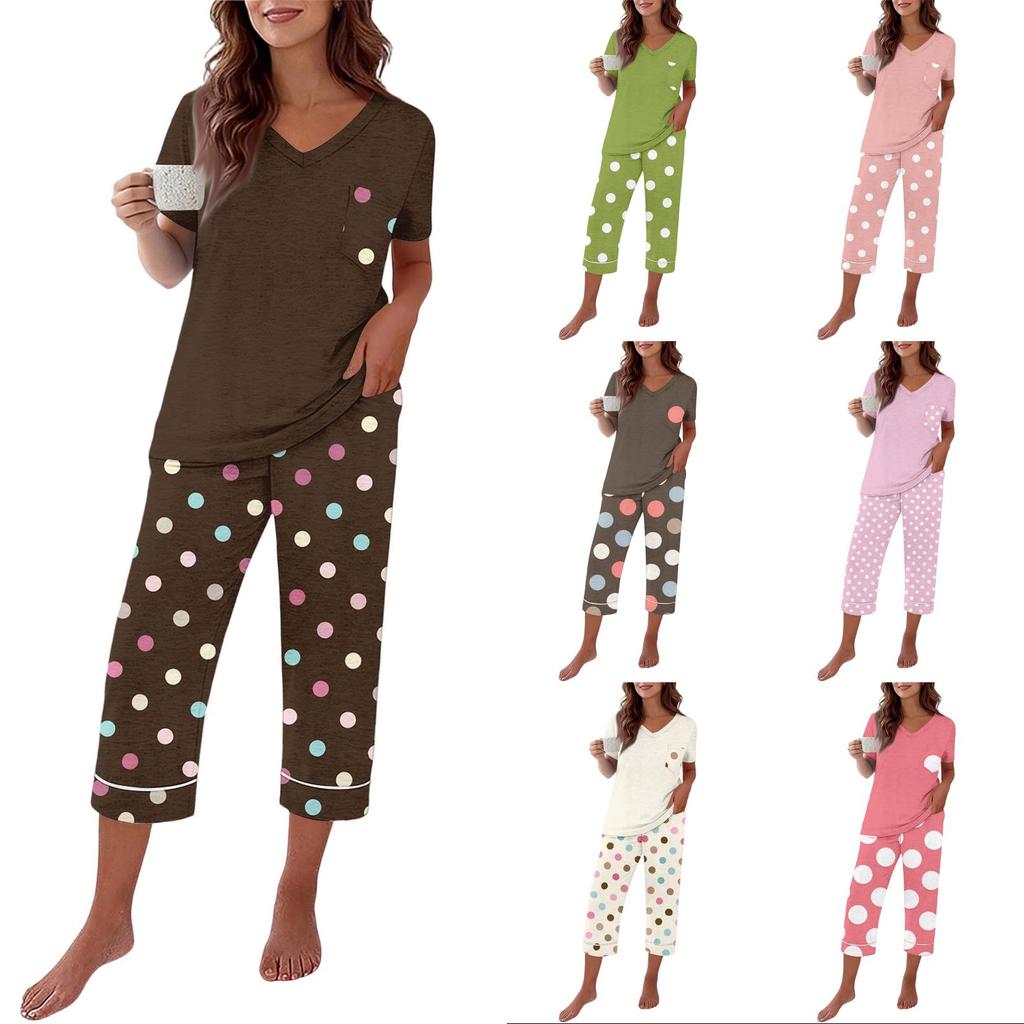Women's Casual Loungewear Set Printed Neck Short Sleeve T-Shirt and Pants