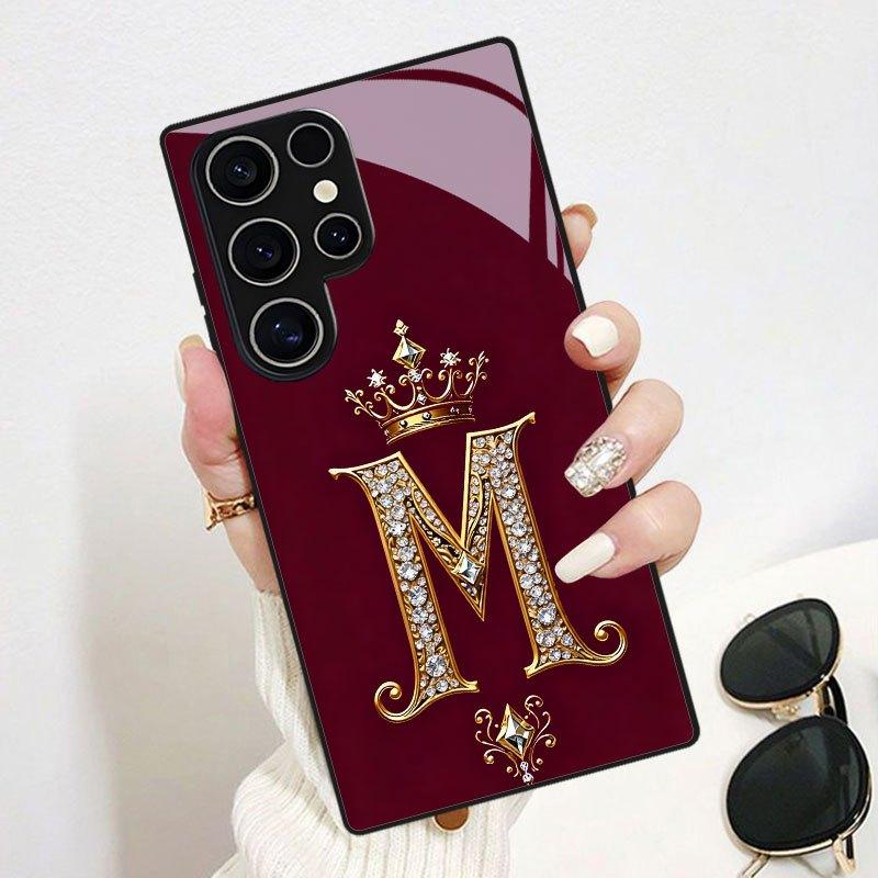 Goldene Krone Buchstabe M Muster Glas Handyhülle für Samsung galaxy S26 S25 S24 S23 S22 S21 S20 FE Ultra Plus 5G sturzsichere Rückabdeckung