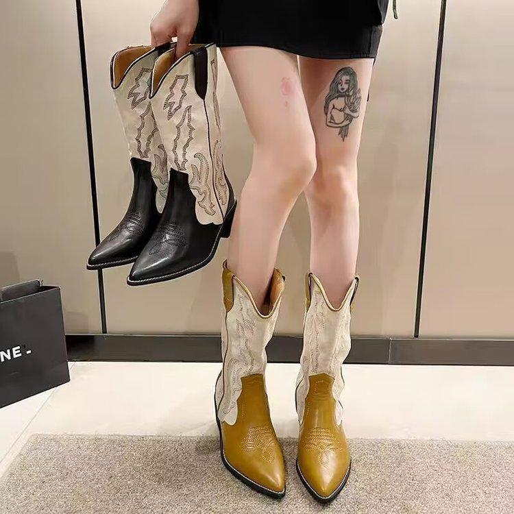 Yi Mengling's Same Western Cowboy Boots Women's Thick Heel Embroidery Thin Medium Tube Boots Versatile Color Matching Pointed Knight Boots Tide