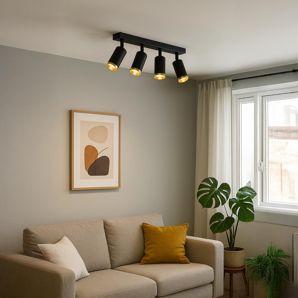 Lampa Sufitowa Nowoczesna Czarna Listwa Ruchome Reflektorki Złote Elementy 4Xgu10 10W Mica Milagro