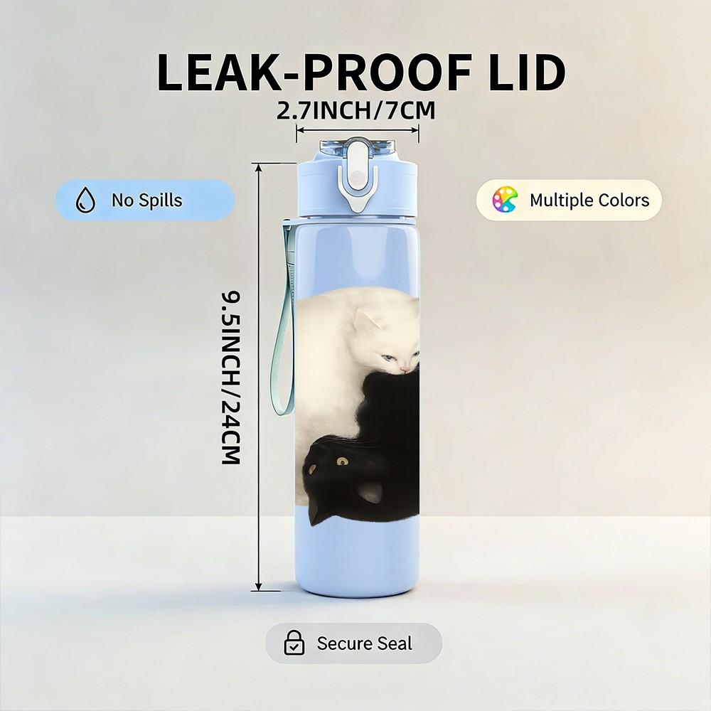 1PC Yin Yang Black White Cat 750ml Color Plastic Sports Water Bottle Leakproof Flip Straw Lid Suitable for Sports Office Home Use