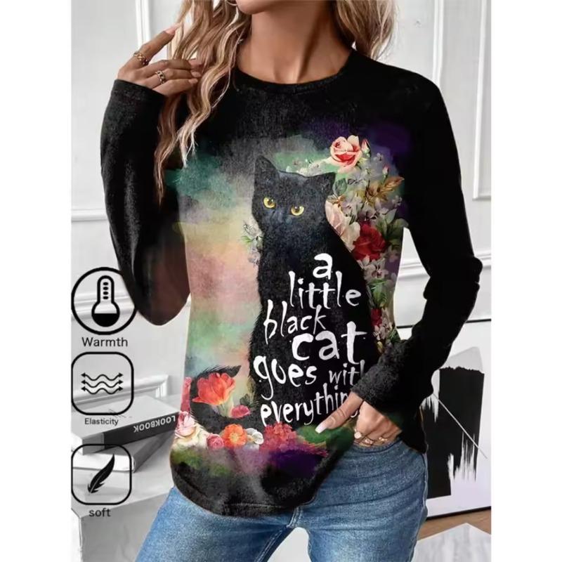 Women's T shirt 3D Print Cat Butterfly Colorful Design Long Sleeve Daily Weekend Fashion Round Neck Regular Fit
