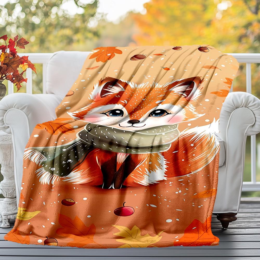 1PC Autumn FoxOutdoor Flannel Blanket - Soft Plush Decor for Picnics, Camping, Bedroom, Playroom, Office, or Lunch Break 1349A