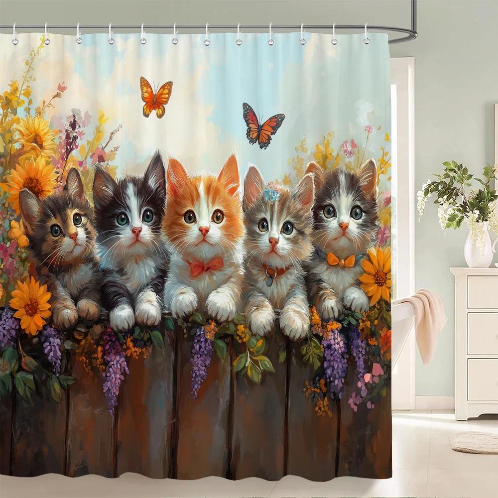 Lovely Cat and Dog Animal Shower Curtain Country Scenery Cats and Dogs Printing Bathroom Curtain With Hooks Home Decor Curtain