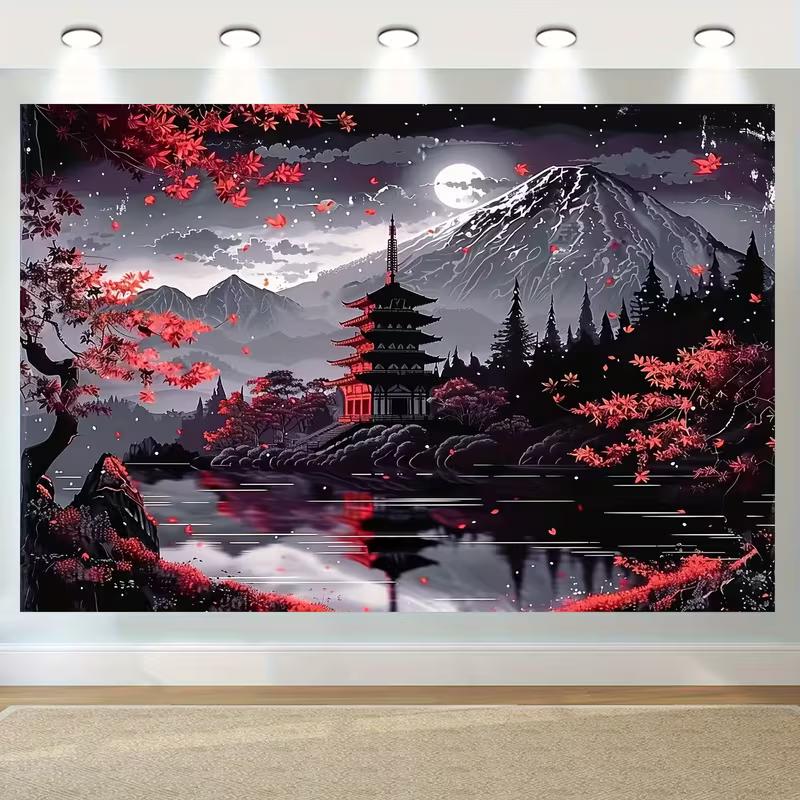 2D Japanese Night Scenery Backdrop, Mount Fuji & Pagoda Tapestry for Home & Studio