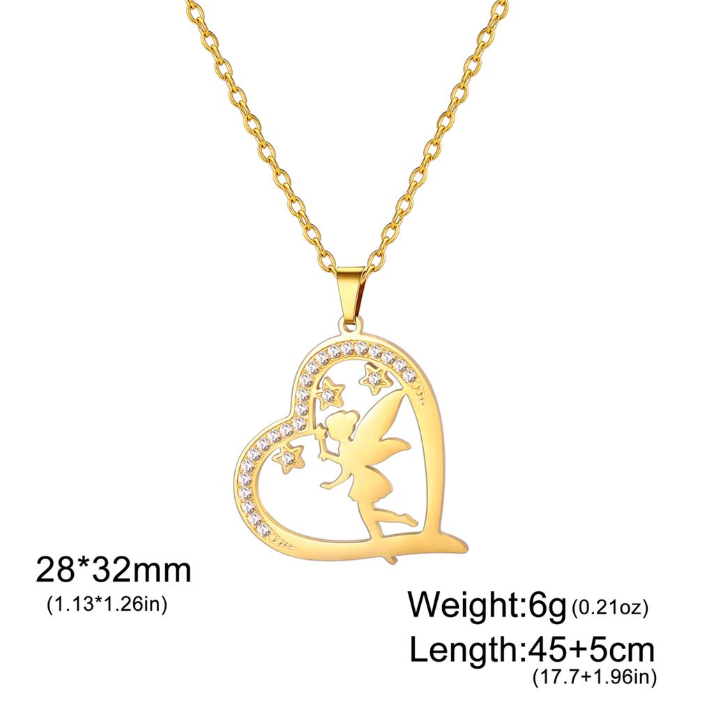 Heart Shaped Elves Fairy Pendant Necklace Stainless Steel Flower Angel Pixie Necklaces Rhinestones Birthday Jewelry Gift