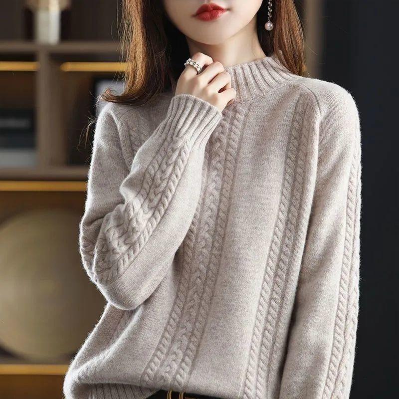 Women's Half-High Neck Cable Knit Sweater - Autumn/Winter Collection