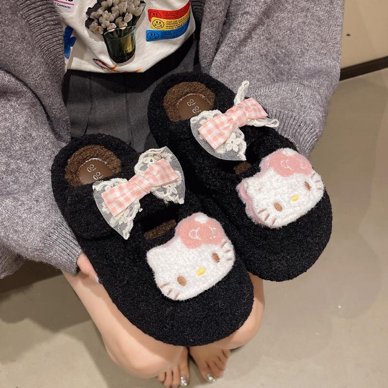 Cute cartoon KT cat fluffy slippers women's 2025 new fashionable versatile thick bottom heightening outer wear cotton slippers tide