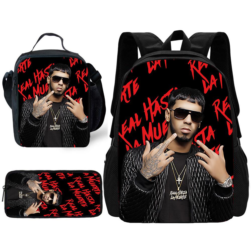 Fashion Hot Rapper Anuel AA Child School Backpack with Lunch Bags ,Pencil Bags ,School Bags for Boys Girls Best Gift