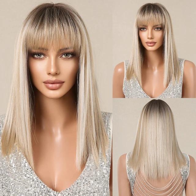 Blonde Silky Straight Synthetic Wigs with Bangs Medium Long Natural Platinum Wig for Women Cosplay Heat Resistant